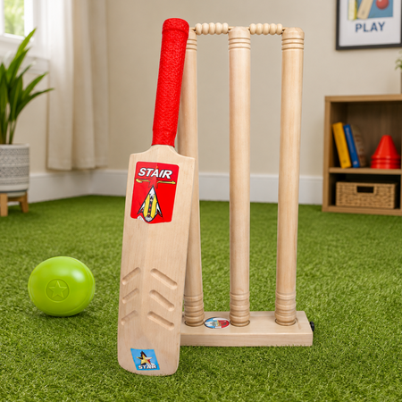 Kids plastic cricket set with wooden bat, wooden stumps, and green ball