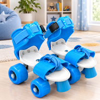 Kids adjustable blue roller skates with hook-and-loop straps and white wheel plates