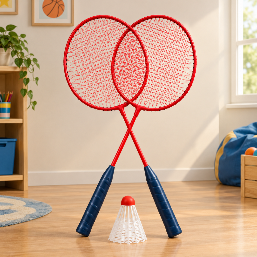 Badminton racket set with shuttle: two red frames, blue handles, and white shuttle cone.