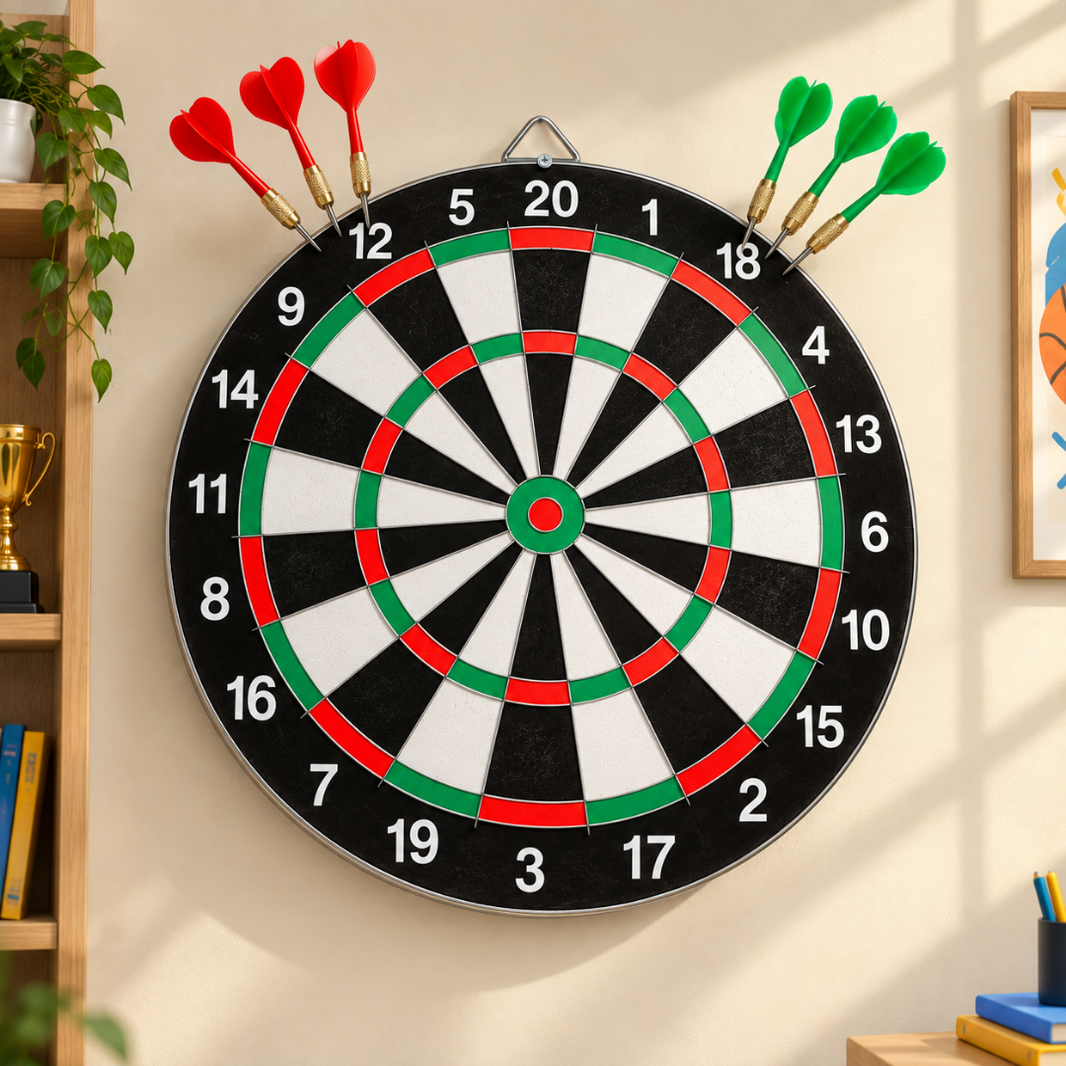 Wall dartboard set with darts, black face and red/green scoring rings