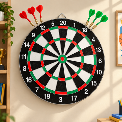 Wall dartboard set with darts, black face and red/green scoring rings
