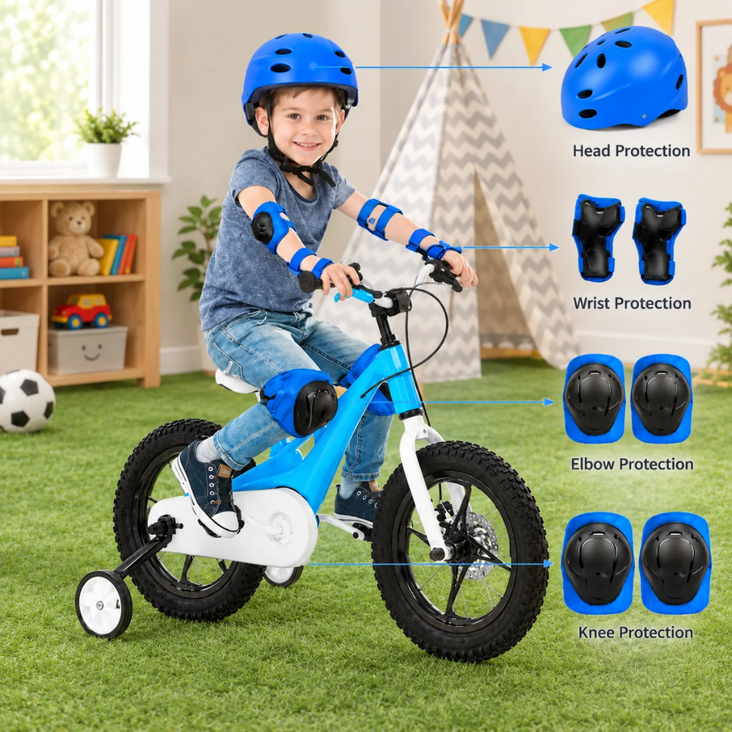 Kids cycling safety gear set with blue helmet and elbow, wrist, and knee pads