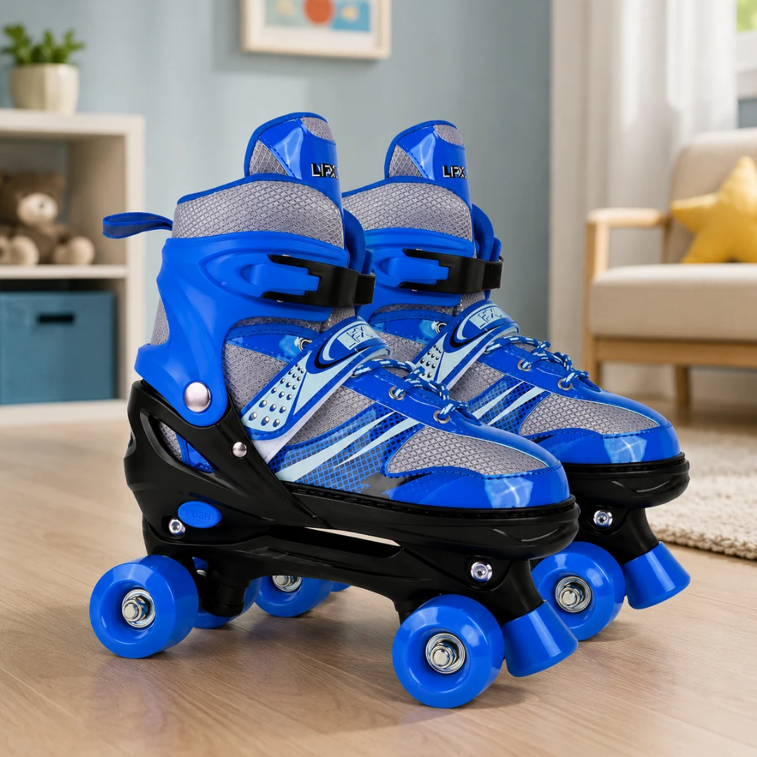 Blue adjustable inline skates with gray mesh upper and black frame, 4 blue wheels