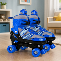 Blue adjustable inline skates with gray mesh upper and black frame, 4 blue wheels