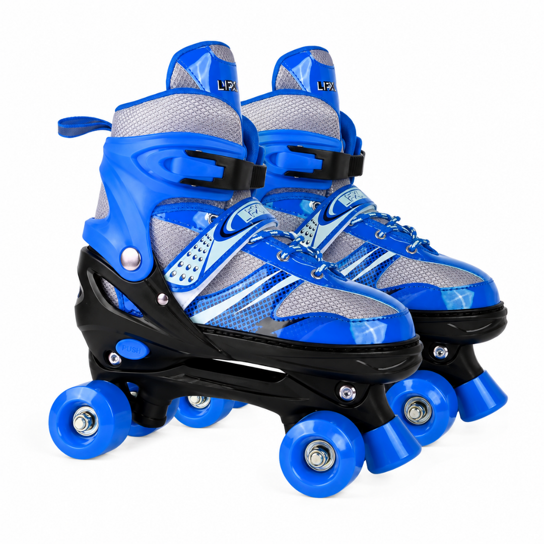 Pair of blue adjustable inline skates, gray laces and padded cuffs, 4 bright wheels