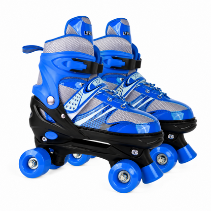 Pair of blue adjustable inline skates, gray laces and padded cuffs, 4 bright wheels