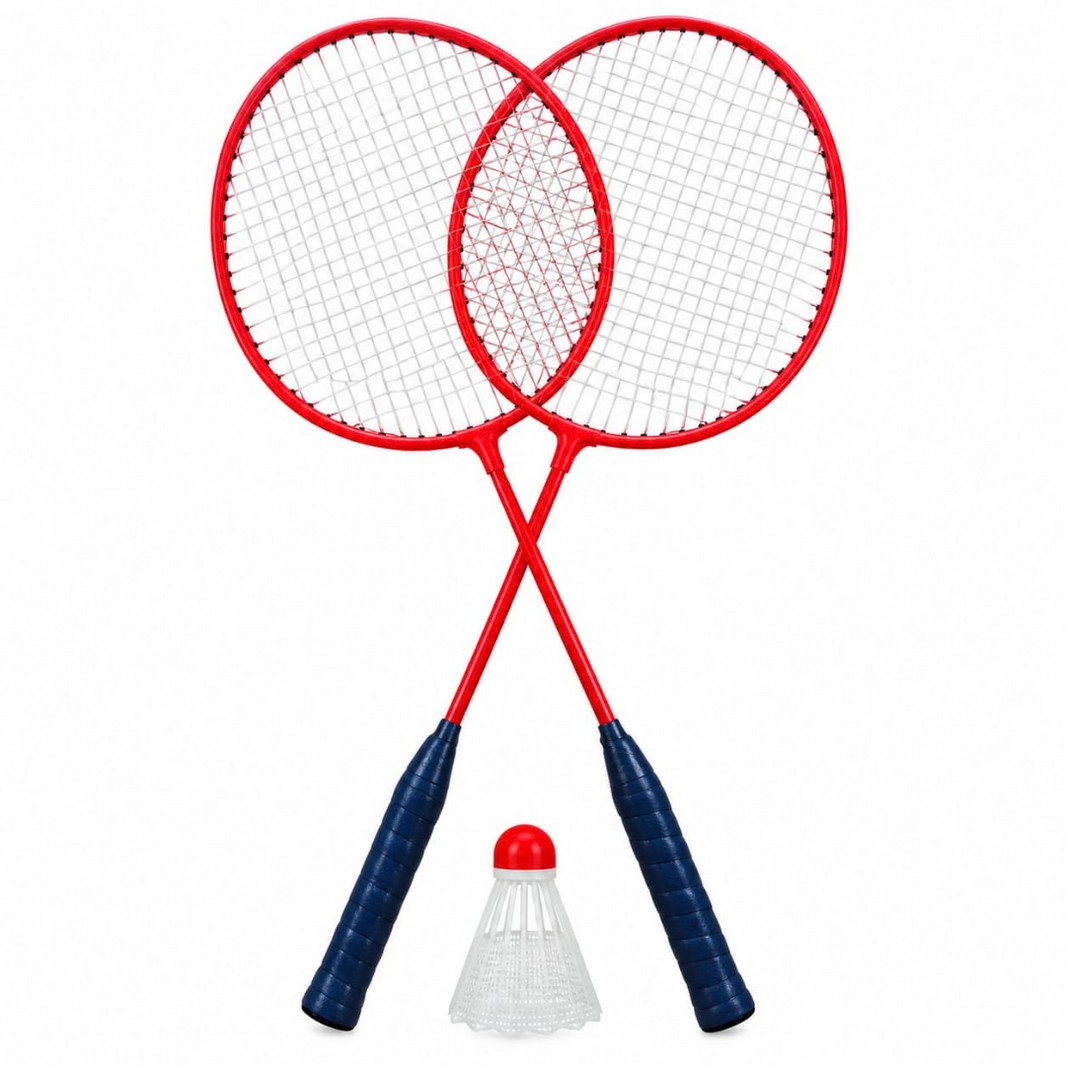 Badminton racket set with shuttle, close view: red-framed rackets with blue grips and cone.