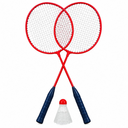 Badminton racket set with shuttle, close view: red-framed rackets with blue grips and cone.