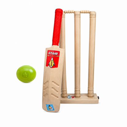 Kids cricket set: wooden bat with red grip, 3 stumps, and green ball