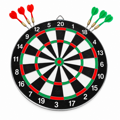 Dartboard set with four darts, centered red bullseye and striped scoring sections