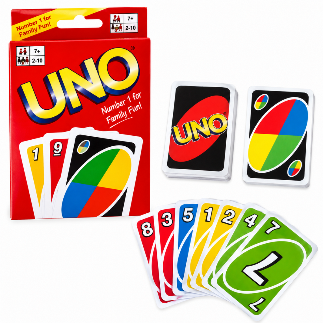 UNO card game set with red box, card decks, and numbered colorful cards fanned