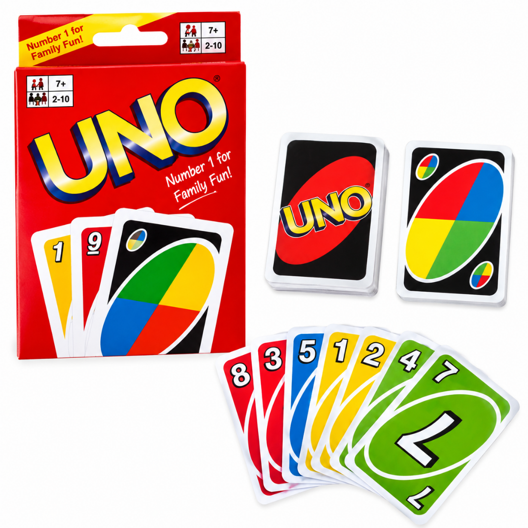 UNO card game set with red box, card decks, and numbered colorful cards fanned