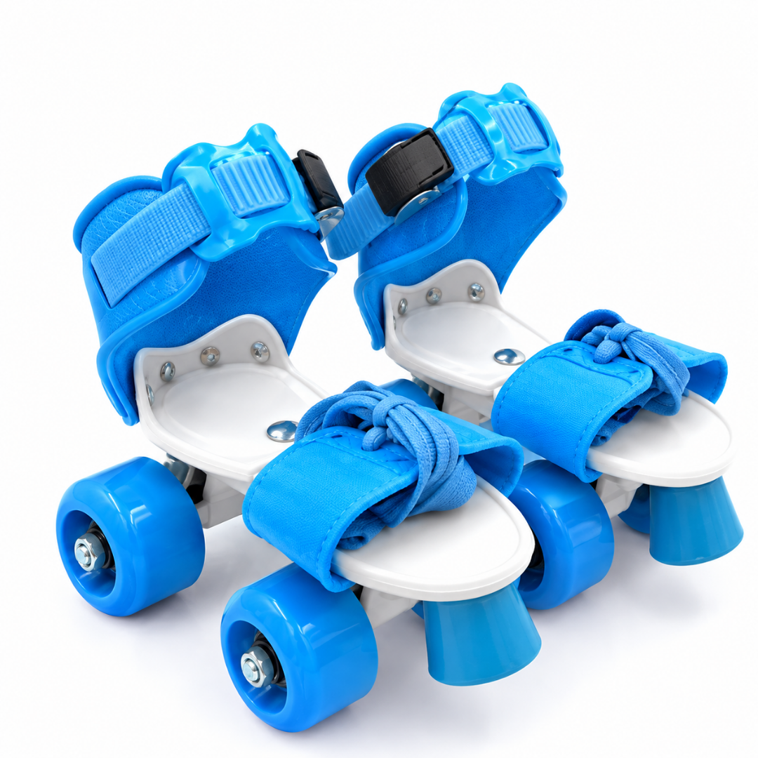 Adjustable kids roller skates in blue, with buckle strap, four blue wheels