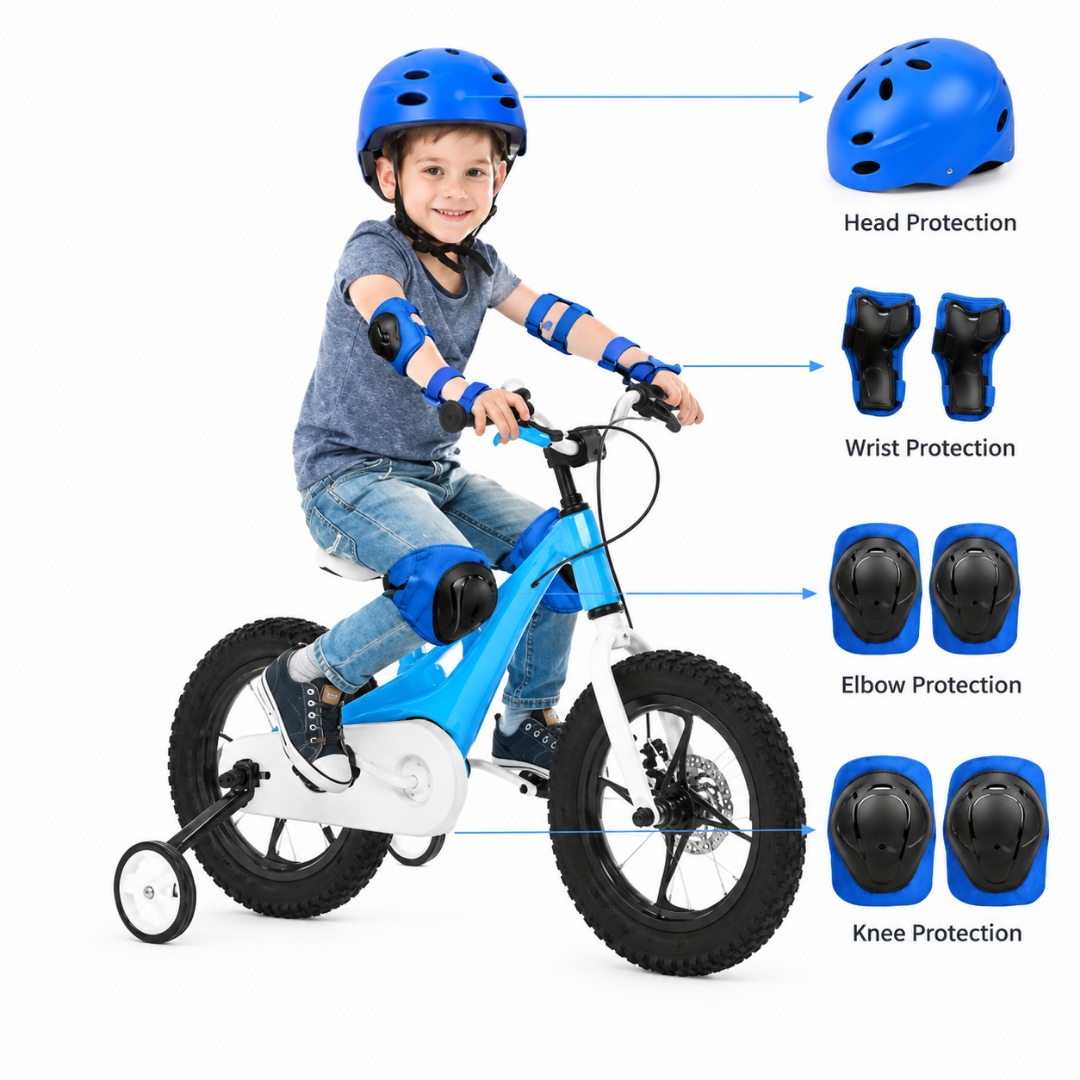 Blue children's cycling helmet plus black elbow, wrist, and knee protection pads