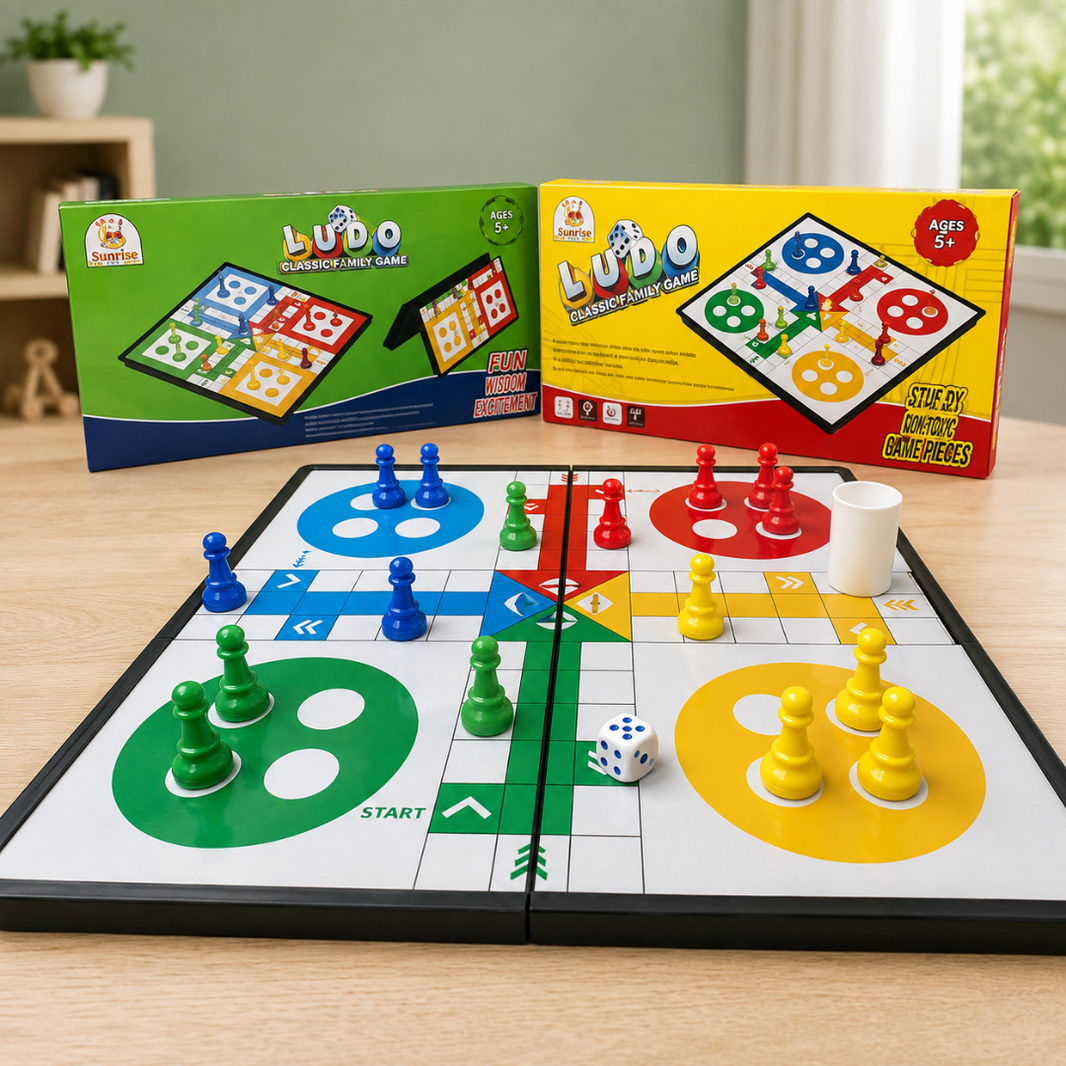 Magnetic ludo board game with colored pawns and dice on playing mat