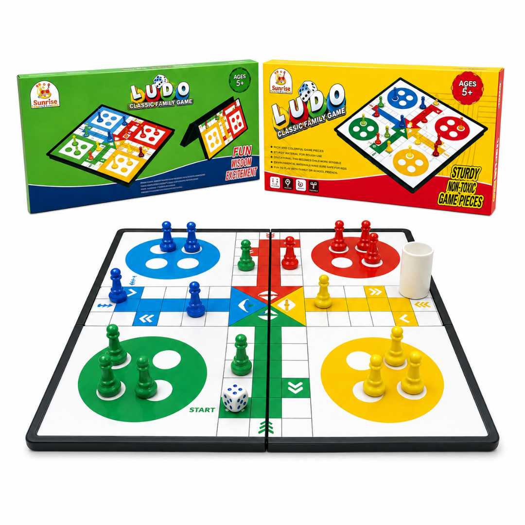 Magnetic ludo board set with colored pawns, dice, and game board mat