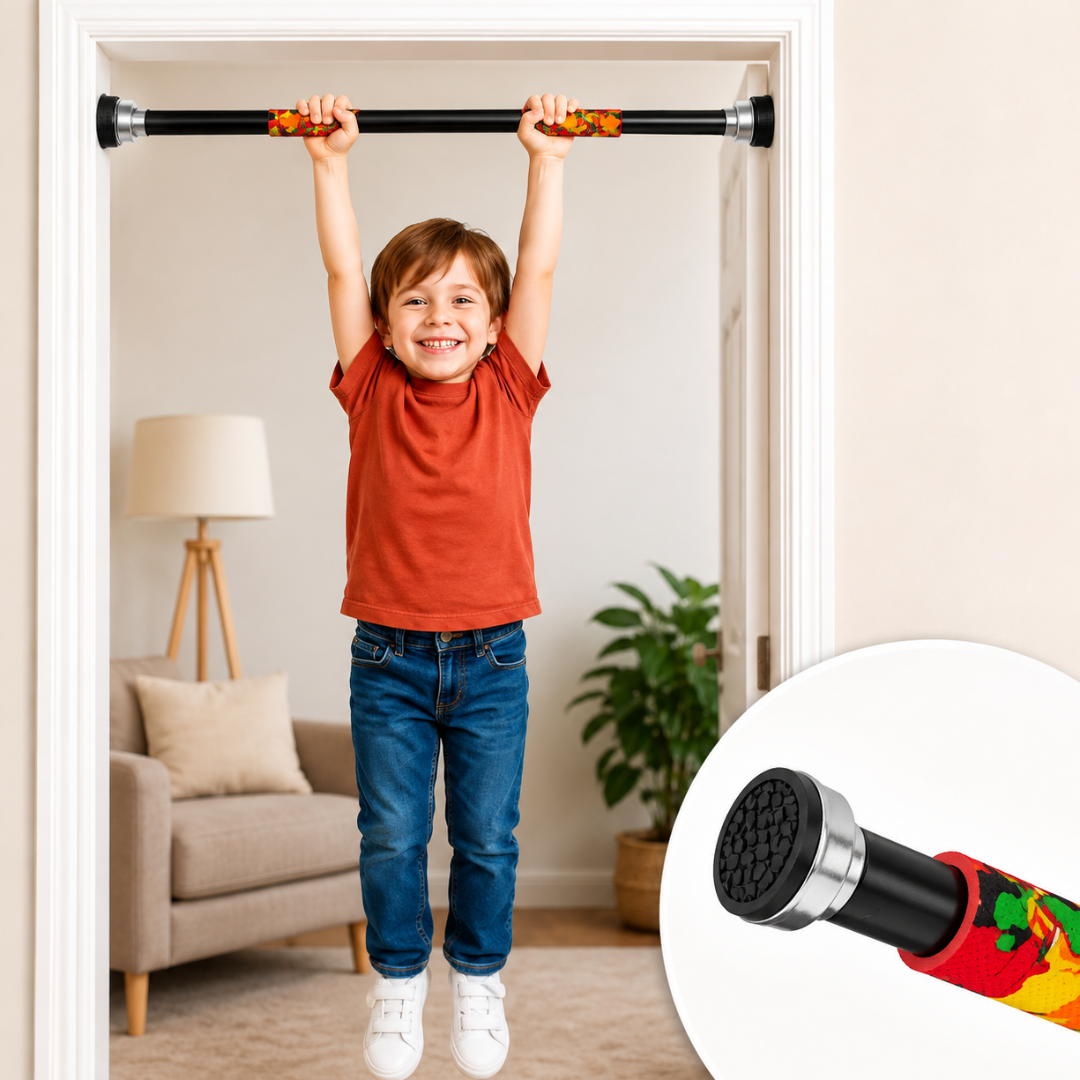Adjustable doorway pull-up bar with black frame, colorful grip sleeves, metal end caps