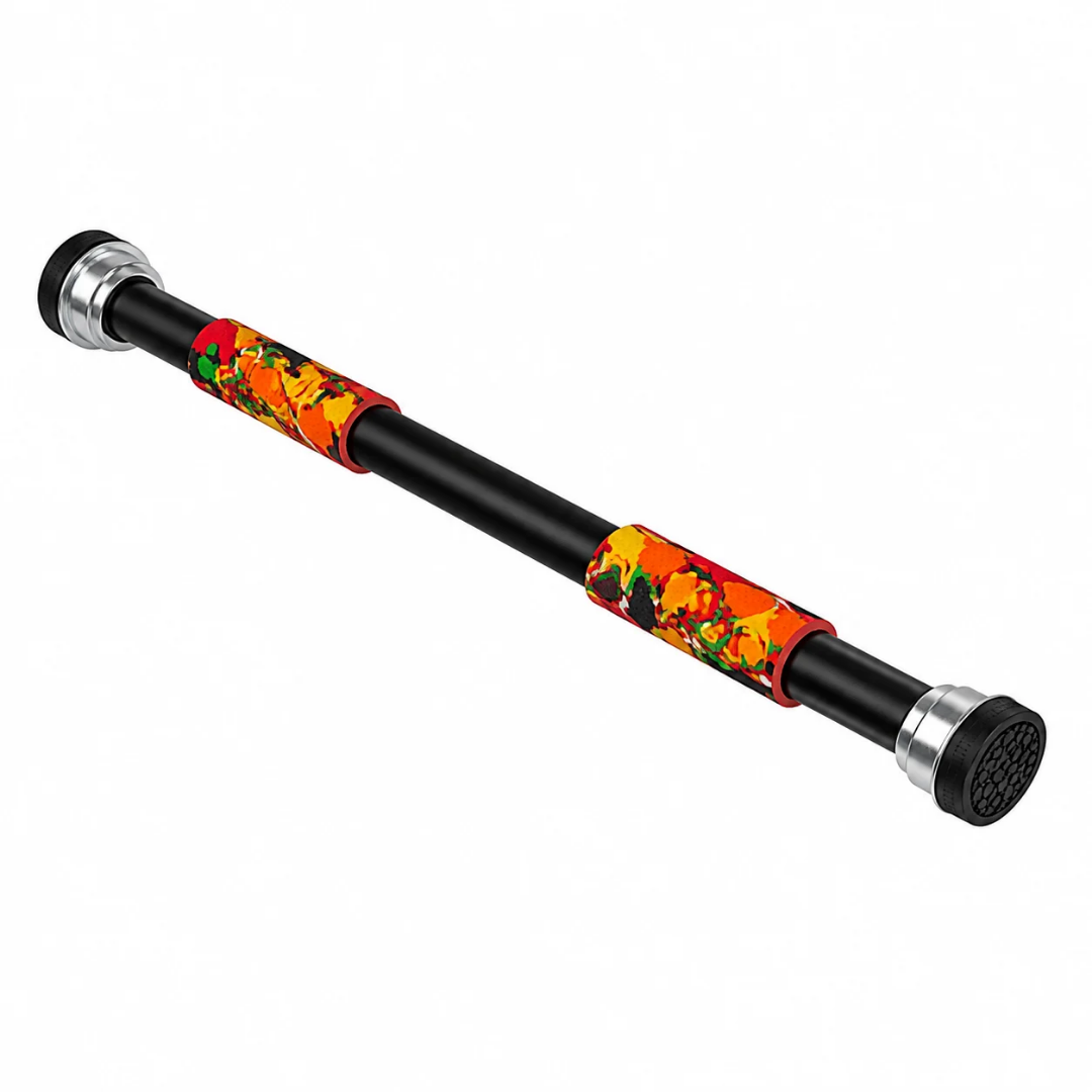 Adjustable pull-up bar close-up with colorful grip sleeves, black bar, textured metal ends