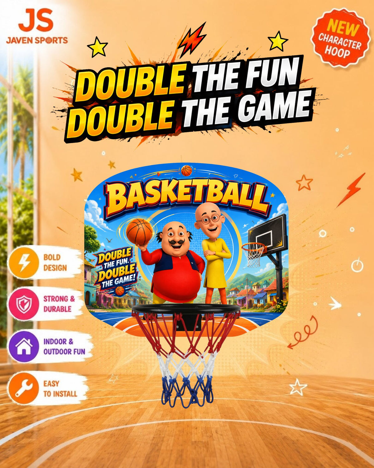 Kids basketball hoop set with cartoon backboard, blue net, and red rim
