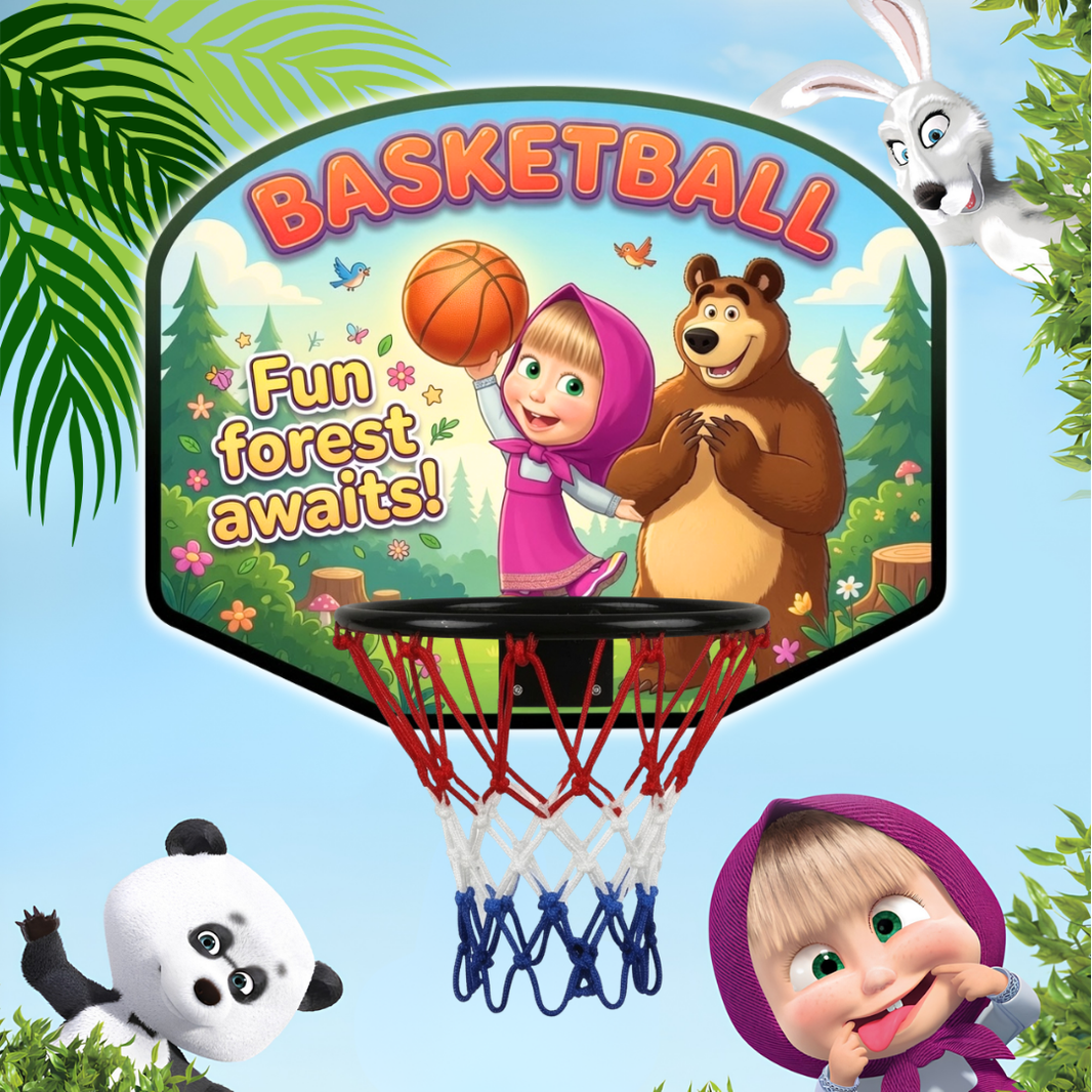 Kids Basketball Hoop Set – Masha & Bear Theme Indoor Mini Basketball Game with Ball for Boys & Girls
